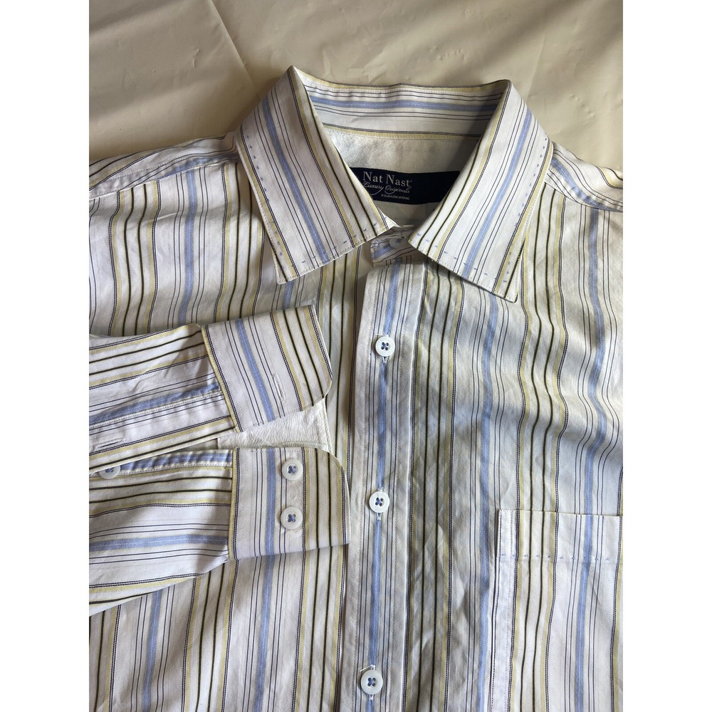 Nat Nast Luxury Originals Mens Cotton Striped Button Down Shirt Blue Yellow L